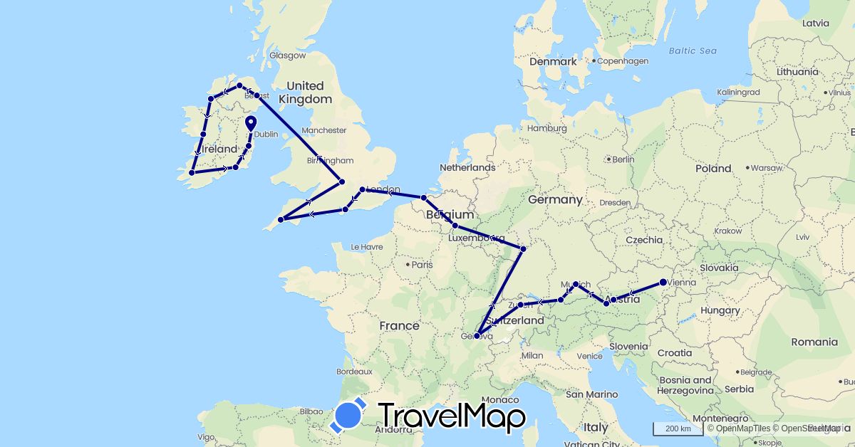 TravelMap itinerary: driving in Austria, Belgium, Switzerland, Germany, United Kingdom, Ireland (Europe)