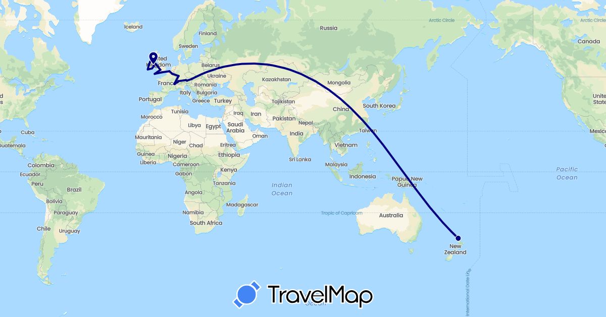 TravelMap itinerary: driving in Austria, Belgium, Switzerland, Germany, United Kingdom, Ireland, New Zealand (Europe, Oceania)